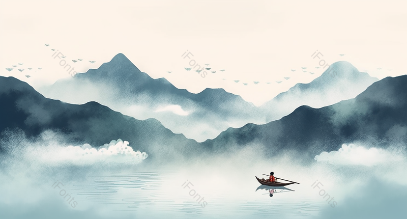 国潮风青绿山水渔船插画,插画/手绘图,插画/手绘图库,插画/手绘图下载,插画/手绘